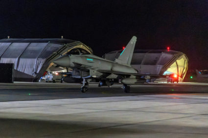 RAF Typhoon aircraft returns to RAF Akrotiri after striking military targets in Yemen during the U.S.-led coalition operation, aimed at the Iran-backed Houthi militia that has been targeting international shipping in the Red Sea, in Cyprus, in this handout picture released on January 12, 2024. Photo by Sgt Lee Goddard/UK MOD/Handout via REUTERS