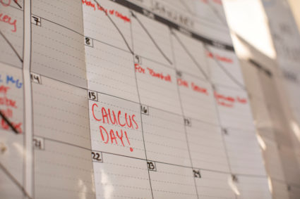Iowa caucus day is marked on a calendar at Republican presidential candidate Florida Governor Ron DeSantis' Iowa campaign headquarters in Urbandale, Iowa, U.S., January 12, 2024. Photo by Alyssa Pointer/REUTERS