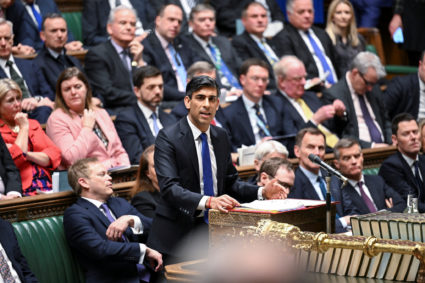 Britain's Prime Minister Rishi Sunak delivers a ministerial statement titled "Defending the UK and our allies in a more dangerous world" in the House of Commons, in London, Britain January 15, 2024. Photo by Jessica Taylor/UK Parliament/Handout via REUTERS