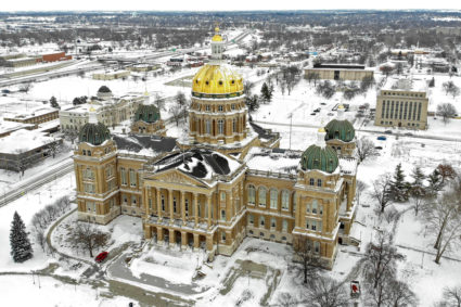 An aerial view of Iowa State Capitol covered in snow, ahead of Iowa state caucus vote, in Des Moines, Iowa, U.S. January 15, 2024. Photo by Marco Bello/Reuters