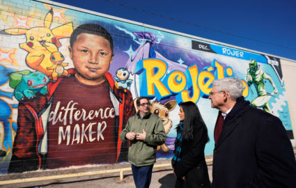 Attorney General Merrick Garland tours murals of the Uvalde shooting victims, in Uvalde, Texas
