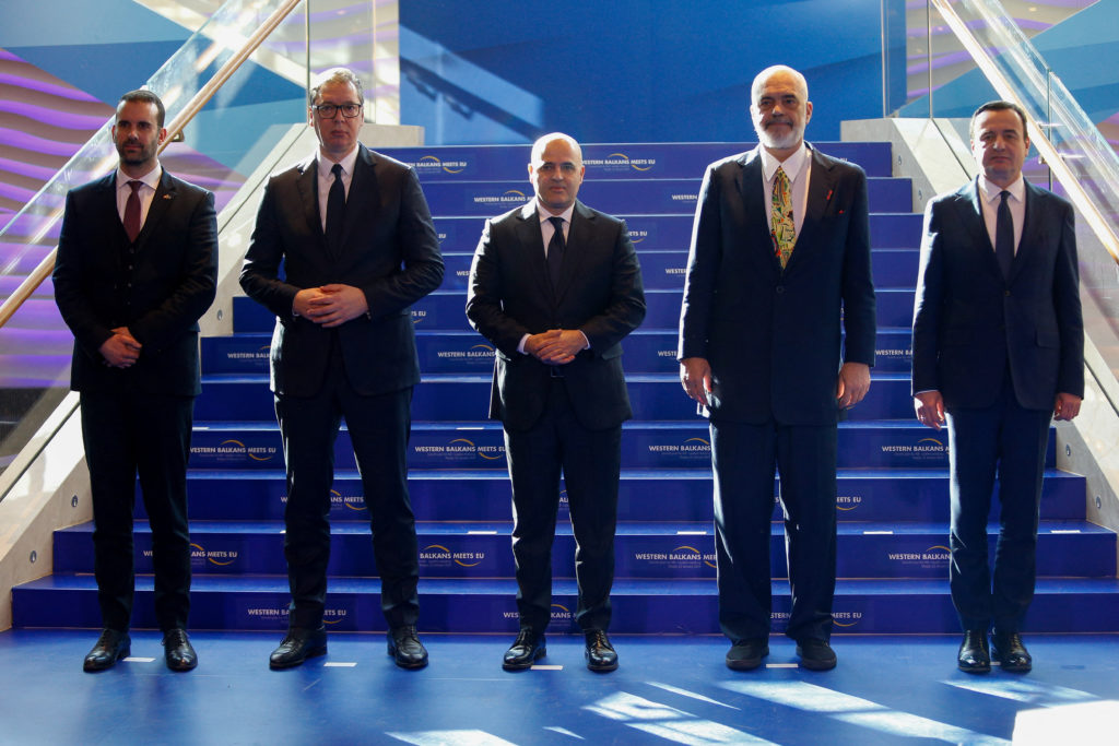 Montenegro's Prime Minister Milojko Spajic, Serbia's President Aleksandar Vucic, North Macedonia's Prime Minister Dimitar Kovacevski, Albania's Prime Minister Edi Rama, and Kosovo's Prime Minister Albin Kurti pose for pictures during a meeting of the Western Balkans leaders in Skopje, North Macedonia, January 22, 2024. Photo by Ognen Teofilovski/Reuters