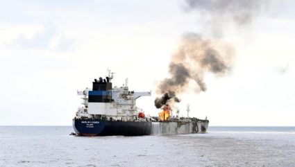 Smoke rises from Marlin Luanda, merchant vessel, at the location given as Gulf of Aden