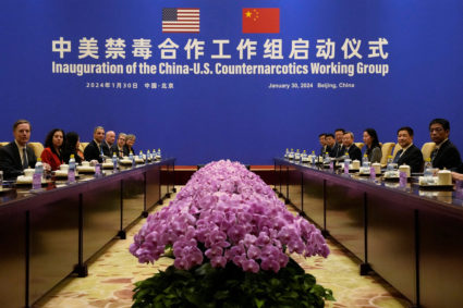 U.S. Deputy Assistant to the President and Deputy Homeland Security Advisor Jen Daskal, and Chinese Minister of Public Security Wang Xiaohong looks towards cameras before a meeting before a meeting at the Diaoyutai State Guesthouse in Beijing, Tuesday, Jan. 30, 2024. Daskal is leading an interagency U.S. delegation to Beijing to launch the U.S.-China Counternarcotics Working Group. Photo by Ng Han Guan/Pool via REUTERS