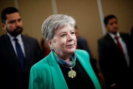 Mexico's new Foreign Minister Alicia Barcena Ibarra holds a meeting with the media in Mexico City