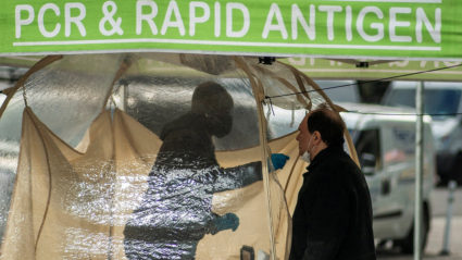 A man gets his COVID-19 test done in a mobile testing site in New York