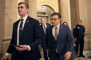 House Speaker Johnson leaves his office as the deadline to avoid partial government shutdown looms in Washington, U.S.