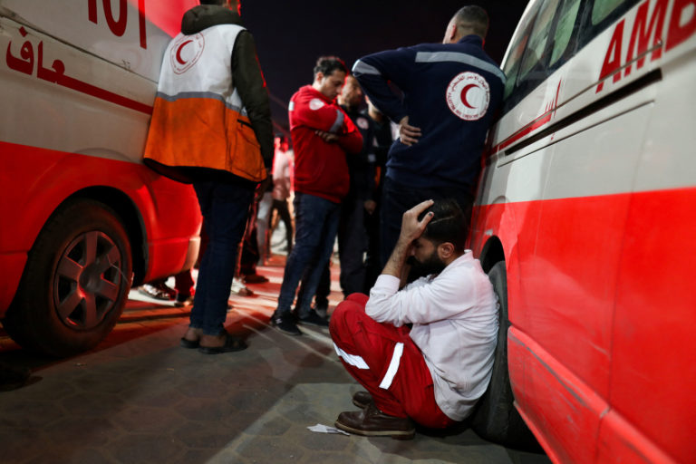 Several members of the Palestinian Red Crescent killed in an Israeli strike hit an ambulance, in Deir Al-Balah