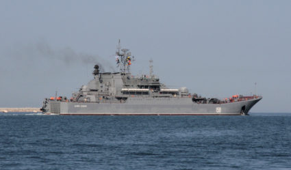 Russian Navy amphibious landing vessel Caesar Kunikov leaves the bay of the Ukrainian Black Sea port of Sevastopol