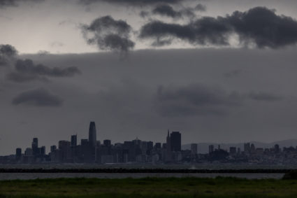 The San Francisco skyline is see as a Pacific storm known as an atmospheric river approaches northern California bringing heavy rains that could trigger widespread flooding, in Richmond, California, U.S., January 31, 2024. Photo by Carlos Barria/Reuters