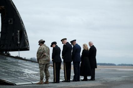 U.S. President Joe Biden attends the dignified transfer of the remains of Army Reserve Sergeants William Rivers, Kennedy Sanders and Breonna Moffett, three U.S. service members who were killed in Jordan during a drone attack carried out by Iran-backed militants, at Dover Air Force Base in Dover, Delaware, U.S., February 2, 2024. Photo by Michael A. McCoy/Reuters