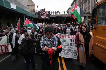 FILE PHOTO: People take part in a protest in solidarity with Pro-Palestinian organizers and protesters allegedly attacked with chemicals during the January 19 demonstration on the Columbia University campus, amid the ongoing conflict between Israel and the Palestinian Islamist group Hamas, in New York City, U.S., February 2, 2024. Photo by David Dee Delgado/Reuters