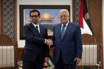 Palestinian President Mahmoud Abbas, shakes hands with French foreign minister Stephane Sejourne at his office in the West Bank city of Ramallah, Monday, Feb. 5, 2024. Photo by Nasser Nasser/Pool via REUTERS