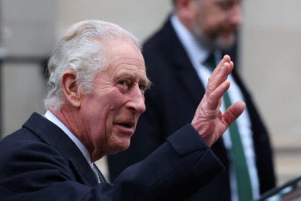 FILE PHOTO: Britain's King Charles leaves the London Clinic after receiving treatment for an enlarged prostate, in London, Britain January 29, 2024. Photo by Toby Melville/Reuters