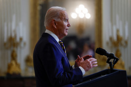 U.S. President Joe Biden delivers remarks urging Congress to pass the Emergency National Security Supplemental Appropriations Act in the State Dining Room at the White House in Washington, U.S., February 6, 2024. Photo by Evelyn Hockstein/Reuters