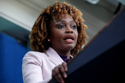 Press Secretary Karine Jean-Pierre speaks to reporters during a press briefing at the White House in Washington
