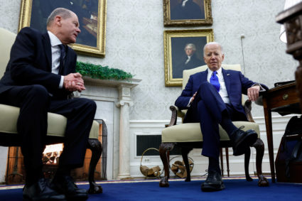 U.S. President Joe Biden meets with German Chancellor Olaf Scholz in the Oval Office at the White House in Washington, U.S., February 9, 2024. Photo by Evelyn Hockstein/Reuters