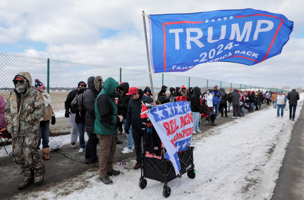 Supporters attend a campaign rally for former U.S. President Donald Trump in Waterford Township, Michigan