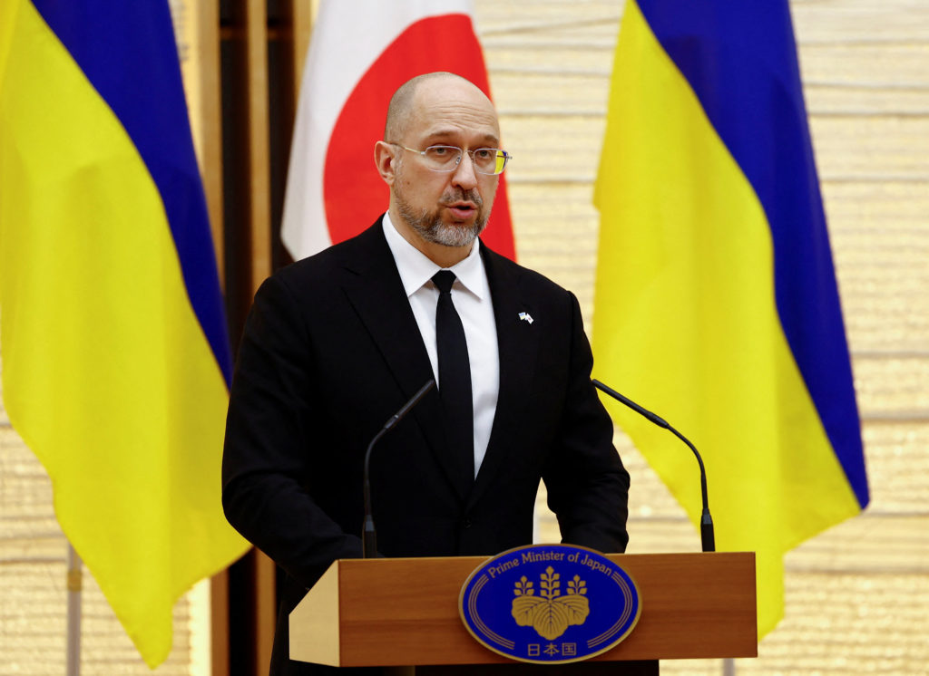 Ukraine's Prime Minister Denys Shmyhal attends their joint press briefing with Japanese Prime Minister Fumio Kishida (not ...