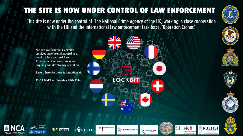 A screenshot taken on February 19, 2024 shows a take down notice that a group of global intelligence agencies issued to a dark web site called Lockbit. Handout via REUTERS