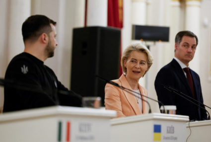 Ukrainian President Zelenskiy attends a joint press conference with EU and Canadian leaders, on the second anniversary of ...