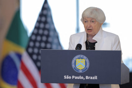 U.S. Treasury Secretary Janet Yellen speaks during a press conference in Sao Paulo