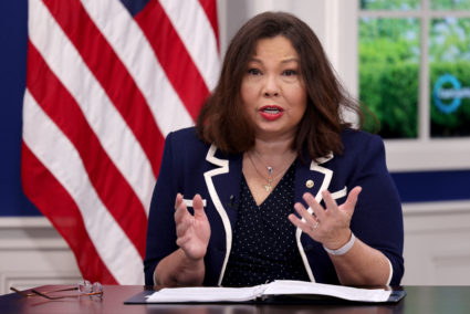 FILE PHOTO: Senator Tammy Duckworth participates in a virtual townhall event to address different care policies in the Build Back Better Agenda at the White House in Washington, U.S., October 14, 2021. Photo by Evelyn Hockstein/Reuters