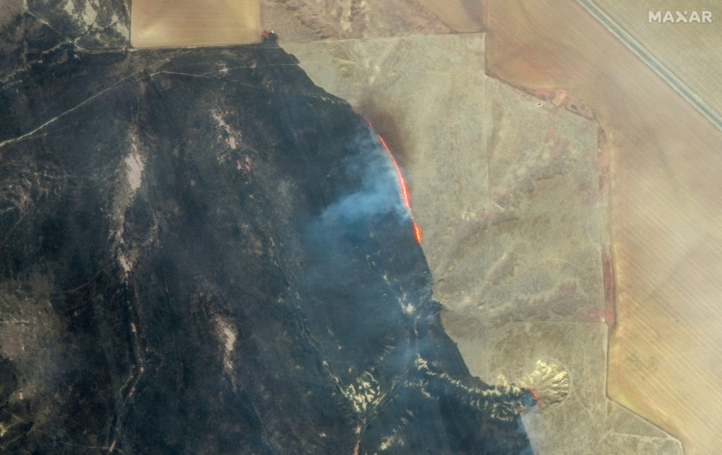 A satellite view of the effects of the Smokehouse Creek wildfire
