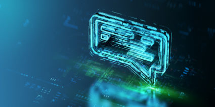 Digital On-line Chat icon hologram on future tech background. Chat support evolution. Futuristic chat icon in world of tec...