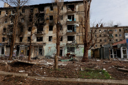FILE PHOTO: View shows residential buildings heavily damaged by permanent Russian military strikes in the front line town ...