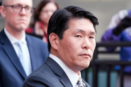 U.S. Attorney Robert Hur reacts during a news conference, in Baltimore