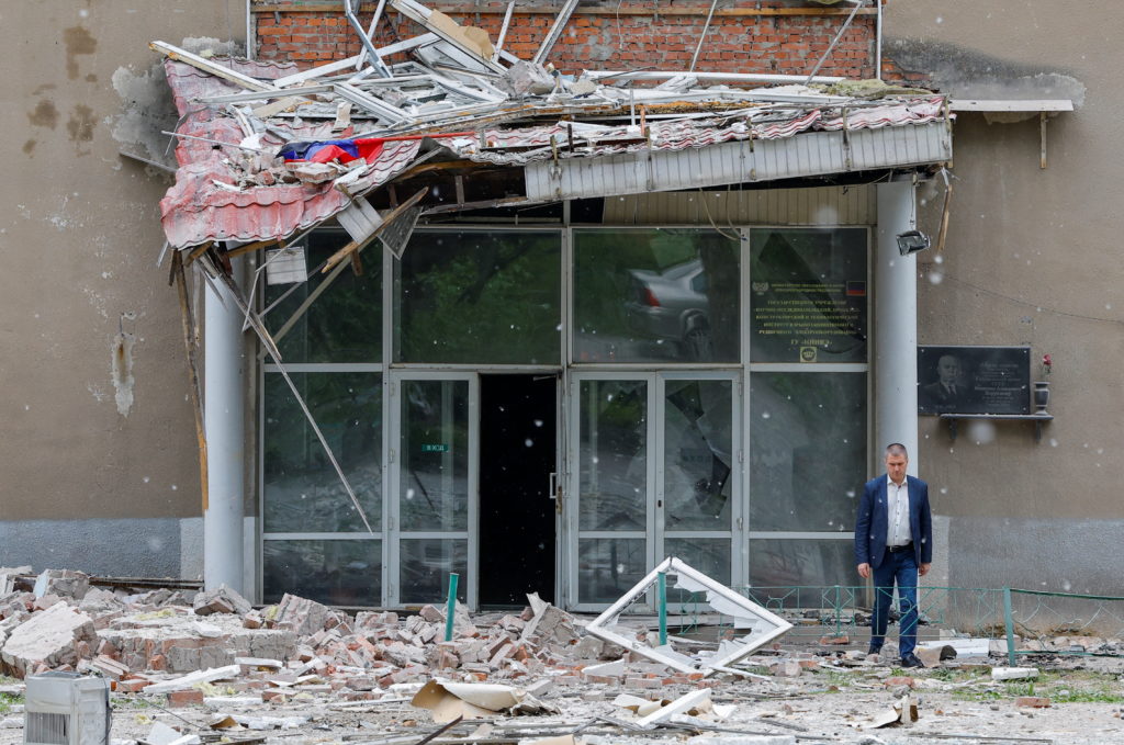 FILE PHOTO: A view shows the building of a scientific research institute heavily damaged by recent shelling in the course ...