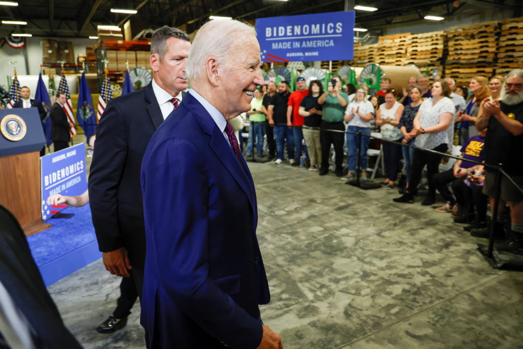 U.S. President Joe Biden delivers remarks on the economy at Auburn Manufacturing, in Auburn