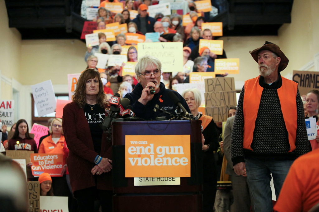 Arthur Barnard, 62, who lost his son Arther Strout during the October mass shooting in Lewiston, Maine, talks to the press...