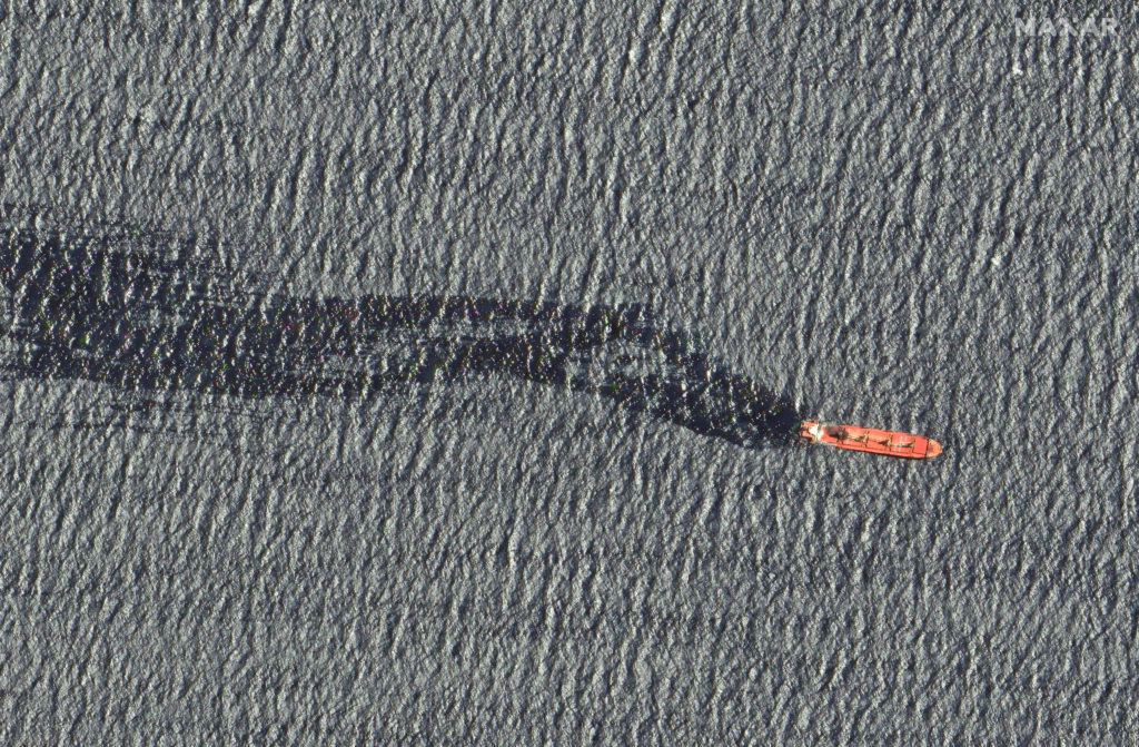 A satellite image shows the cargo ship Rubymar before it sank, on the Red Sea