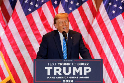 Republican presidential candidate and former U.S. President Donald Trump reacts speaks at a watch party event to mark the Super Tuesday primary elections at his Mar-a-Lago property, in Palm Beach, Florida, U.S. March 5, 2024. Photo by Marco Bello/Reuters