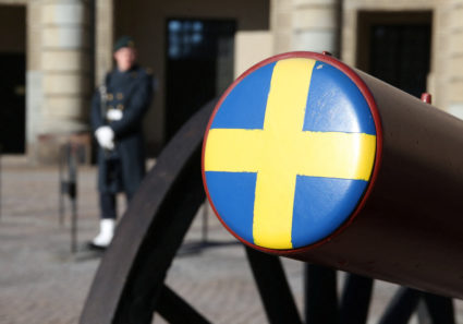 Swedish soldiers participate in the changing of the guard ceremony in Stockholm
