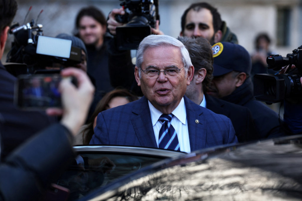 U.S. Senator Bob Menendez leaves his arraignment on a new 18-count indictment that added obstruction charges to bribery an...