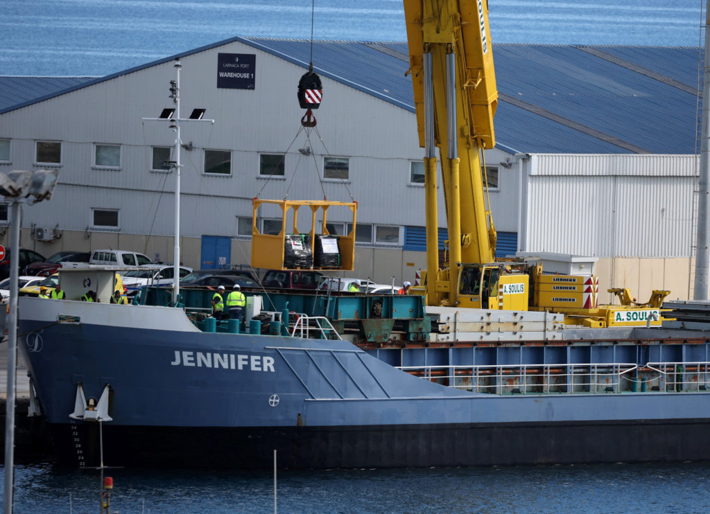 Humanitarian aid for Gaza is loaded on a cargo ship in the port of Larnaca