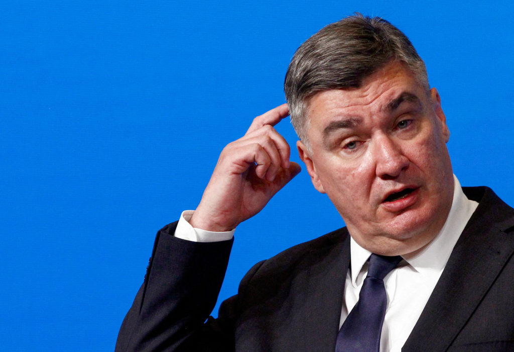 FILE PHOTO: Croatian President Zoran Milanovic speaks during a press conference at a meeting with leaders of NATO members ...