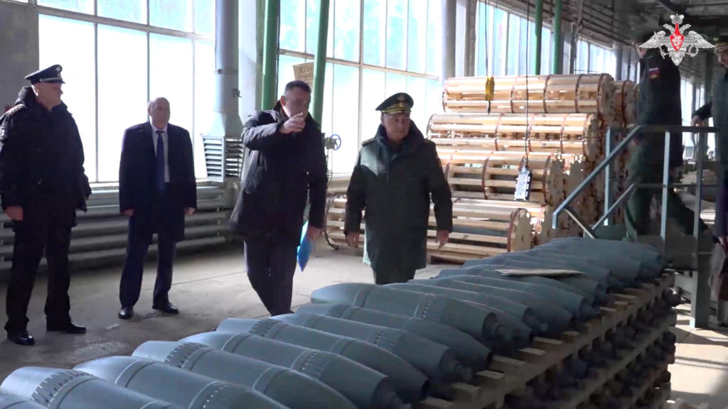 Russia's Defence Minister Sergei Shoigu visits a military factory producing air-launched weapons and aerial bombs in the N...