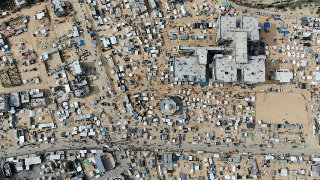 FILE PHOTO: An aerial view of tent camps where displaced Palestinians, who fled their houses due to Israeli strikes amid t...