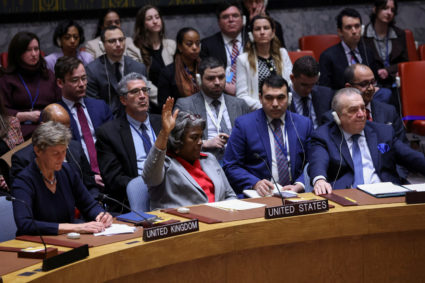 Members of the United Nations Security Council vote on a Gaza resolution that demands an immediate ceasefire, in New York