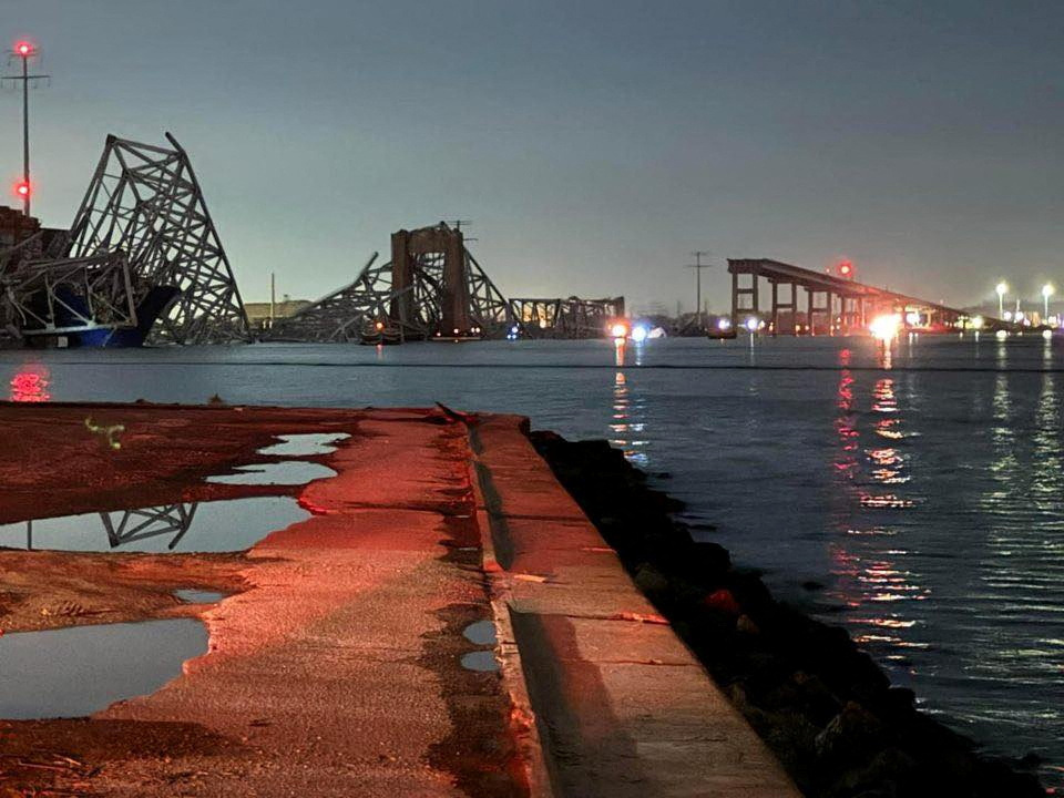 A view of the Francis Scott Key Bridge after it collapsed, in Baltimore