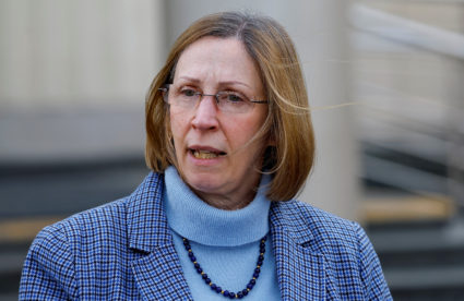 U.S. Ambassador to Russia Lynne Tracy speaks with journalists outside a court building after a hearing to consider extending detention of Wall Street Journal reporter Evan Gershkovich, who is in custody on espionage charges, in Moscow, Russia, March 26, 2024. Photo by Evgenia Novozhenina/Reuters