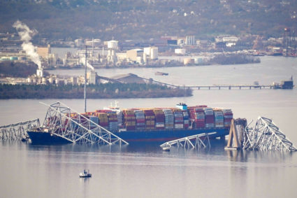 View of the Dali cargo vessel which crashed into the Francis Scott Key Bridge causing it to collapse in Baltimore, Maryland, U.S., March 26, 2024. Photo by Nathan Howard/Reuters