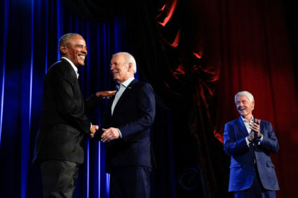U.S. President Biden and former Presidents Obama and Clinton participate in a discussion at Radio City Music Hall in New York