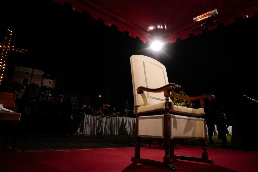 Pope Francis' chair is seen prior to the start of the Via Crucis (Way of the Cross) in front of the Colosseum on Good Frid...