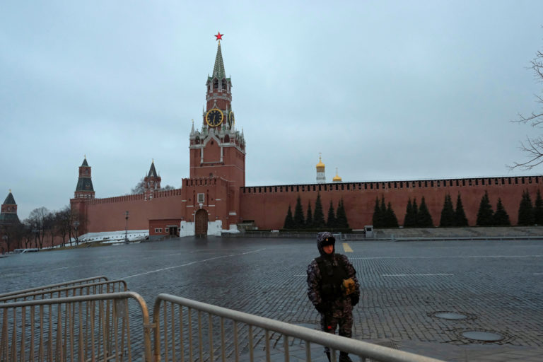 A law enforcement officer stands guard in Red Square in Moscow