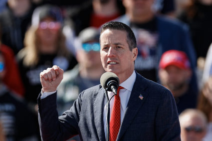 U.S. Senate candidate Bernie Moreno, Republican of Ohio, speaks before former US President and Republican presidential candidate Donald Trump takes the stage during a Buckeye Values PAC Rally in Vandalia, Ohio, on March 16, 2024. Photo by KAMIL KRZACZYNSKI/AFP via Getty Images